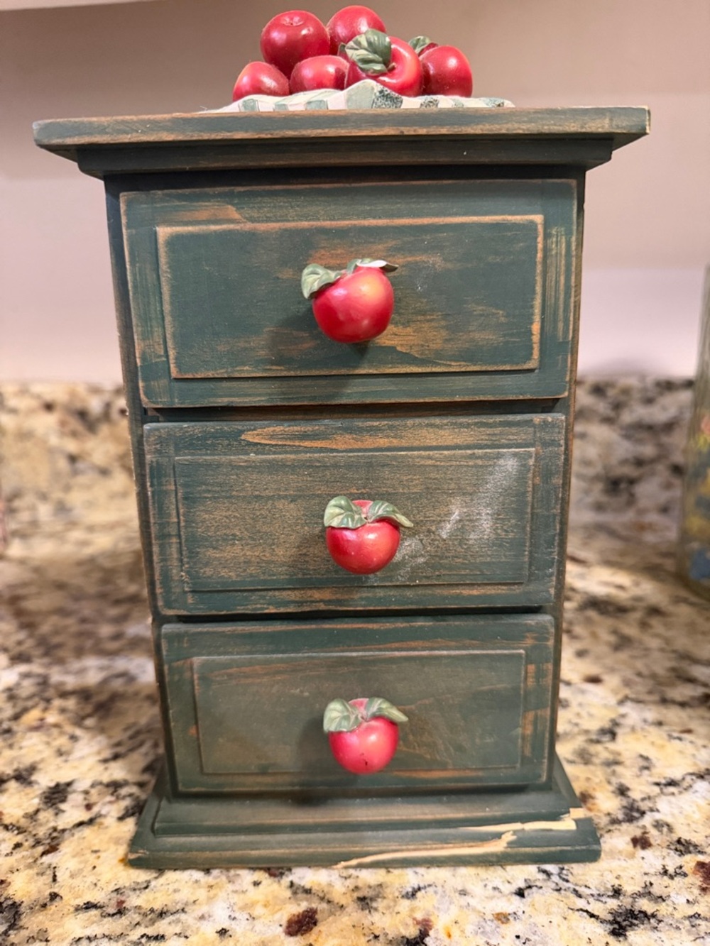 Green Distressed Three-Drawer Jewelry Chest with Red Apple Knobs